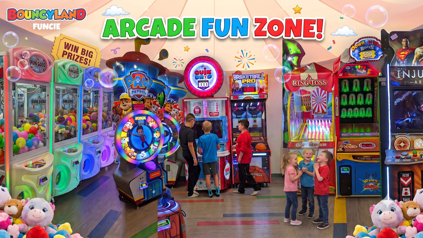 Bouncyland is a Family Activity Entertainment Center For Kids & Children in Muncie, Indiana! Features 15 bounce houses, toddler zone play area, arcade, birthday party hosting, My Plushy Pals where you can create your own stuffed animal, and concessions & dining! There's so many fun things for kids & children to do at Bouncyland in Muncie!