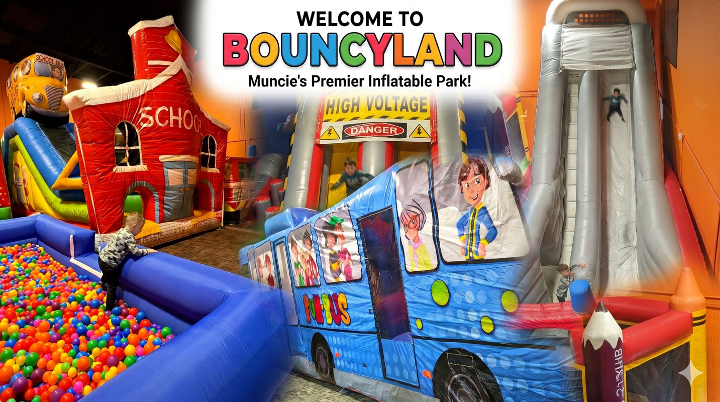 Bouncyland is a Family Activity Entertainment Center For Kids & Children in Muncie, Indiana! Features 15 bounce houses, toddler zone play area, arcade, birthday party hosting, My Plushy Pals where you can create your own stuffed animal, and concessions & dining! There's so many fun things for kids & children to do at Bouncyland in Muncie!